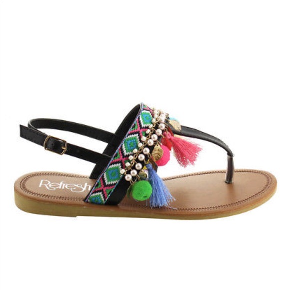 Slingback Pom Pom Tassel Sandal Ankle Strap Thong - Picture 3 of 4
